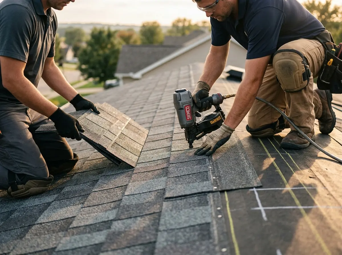Professional roofer working on a residential roof in Forest Hills